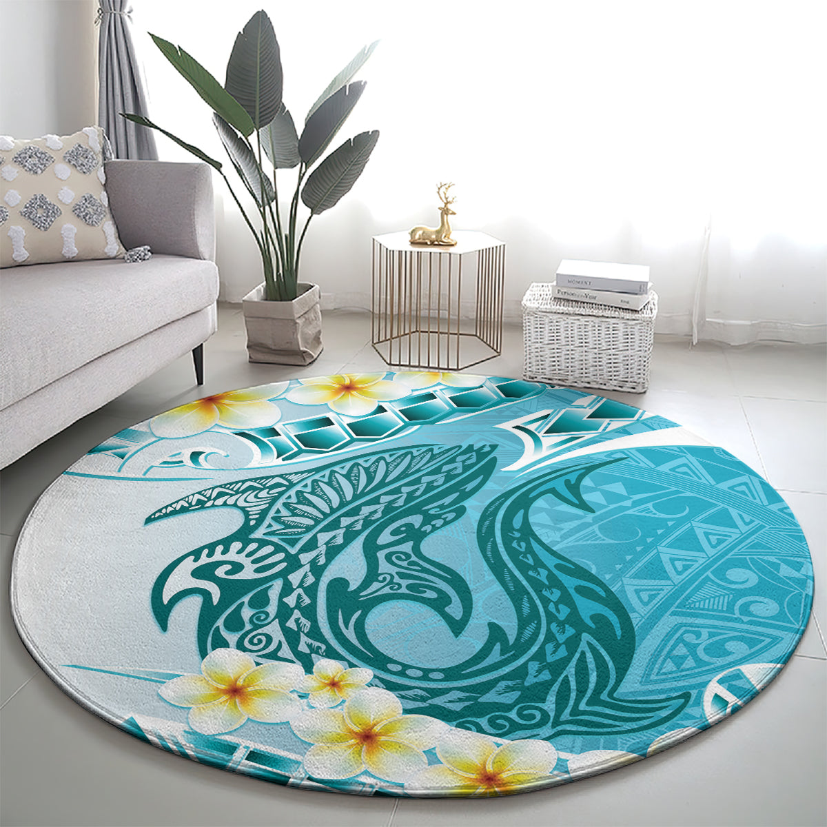 Turquoise Hawaii Shark Tattoo Round Carpet Frangipani With Polynesian Pastel Version LT14 - Polynesian Pride