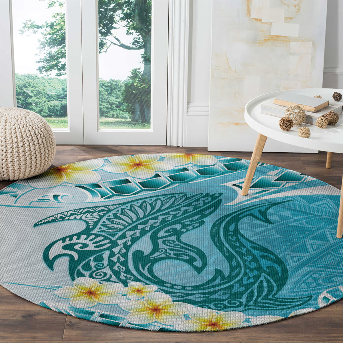 Turquoise Hawaii Shark Tattoo Round Carpet Frangipani With Polynesian Pastel Version LT14 - Polynesian Pride
