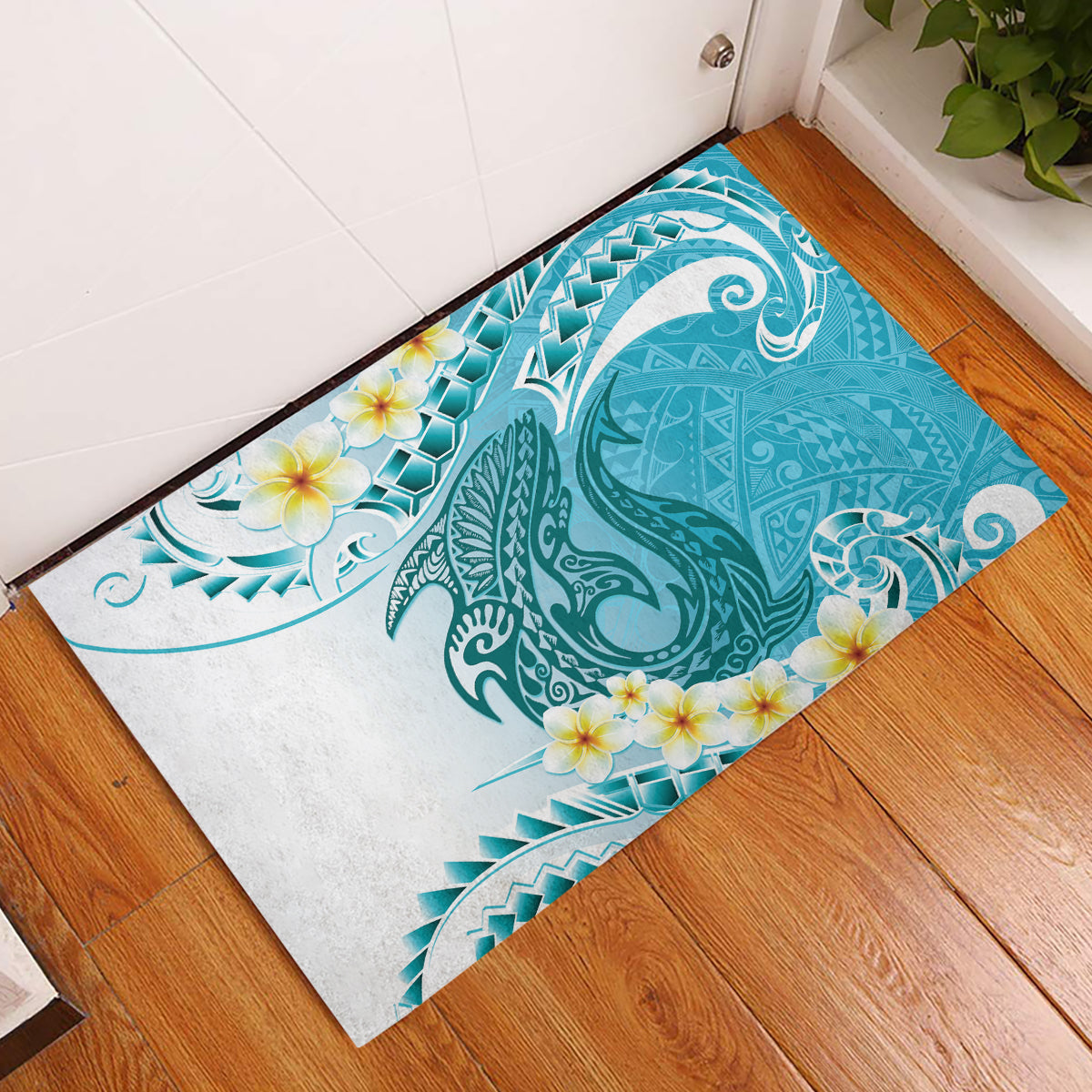 Turquoise Hawaii Shark Tattoo Rubber Doormat Frangipani With Polynesian Pastel Version LT14 Turquoise - Polynesian Pride