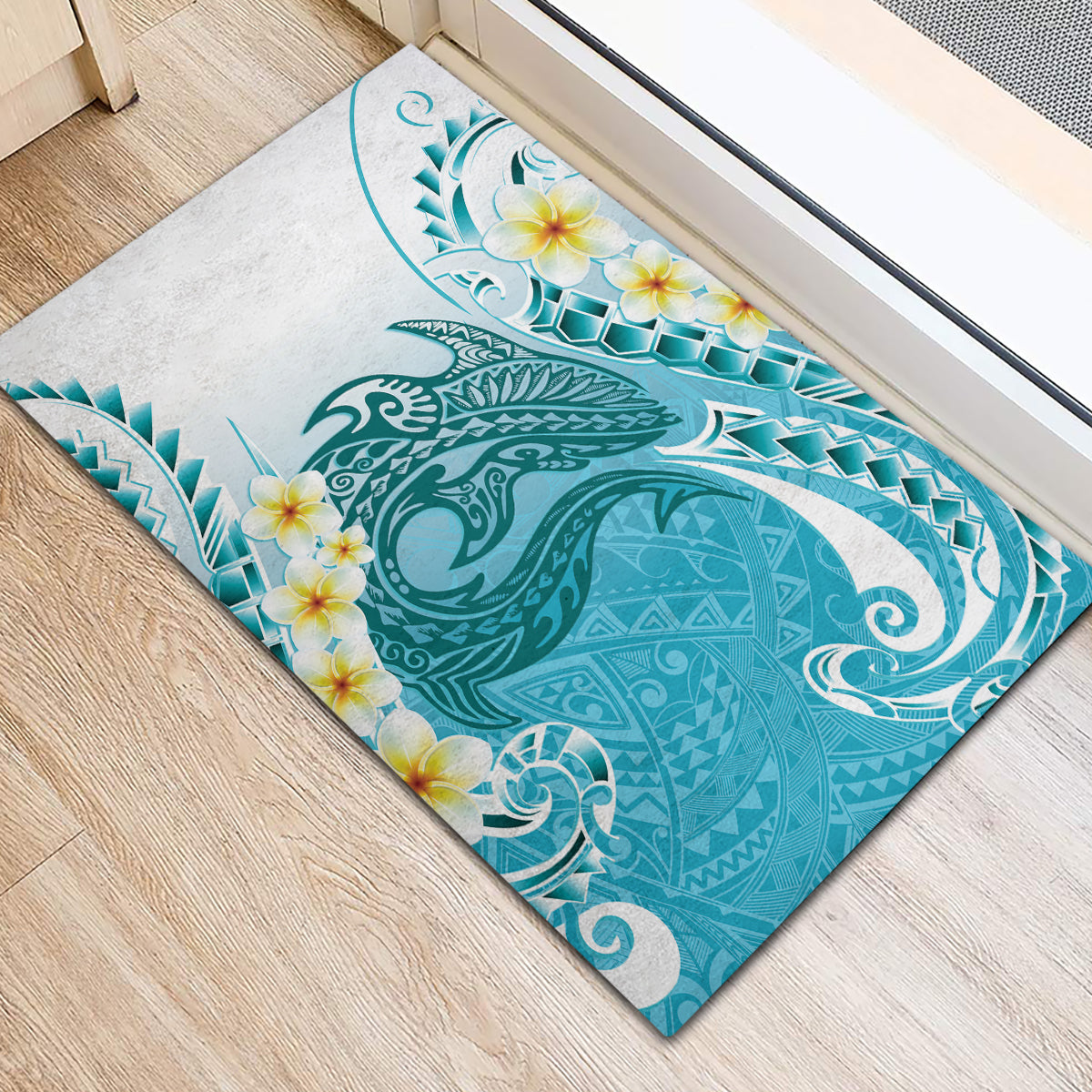 Turquoise Hawaii Shark Tattoo Rubber Doormat Frangipani With Polynesian Pastel Version LT14 - Polynesian Pride