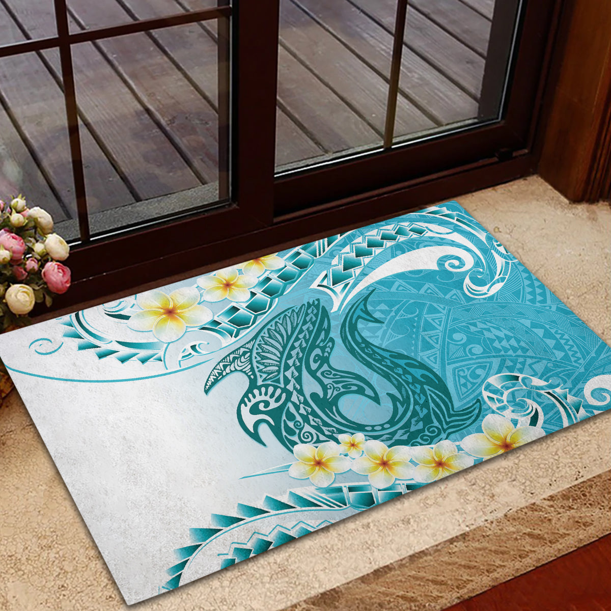 Turquoise Hawaii Shark Tattoo Rubber Doormat Frangipani With Polynesian Pastel Version LT14 - Polynesian Pride