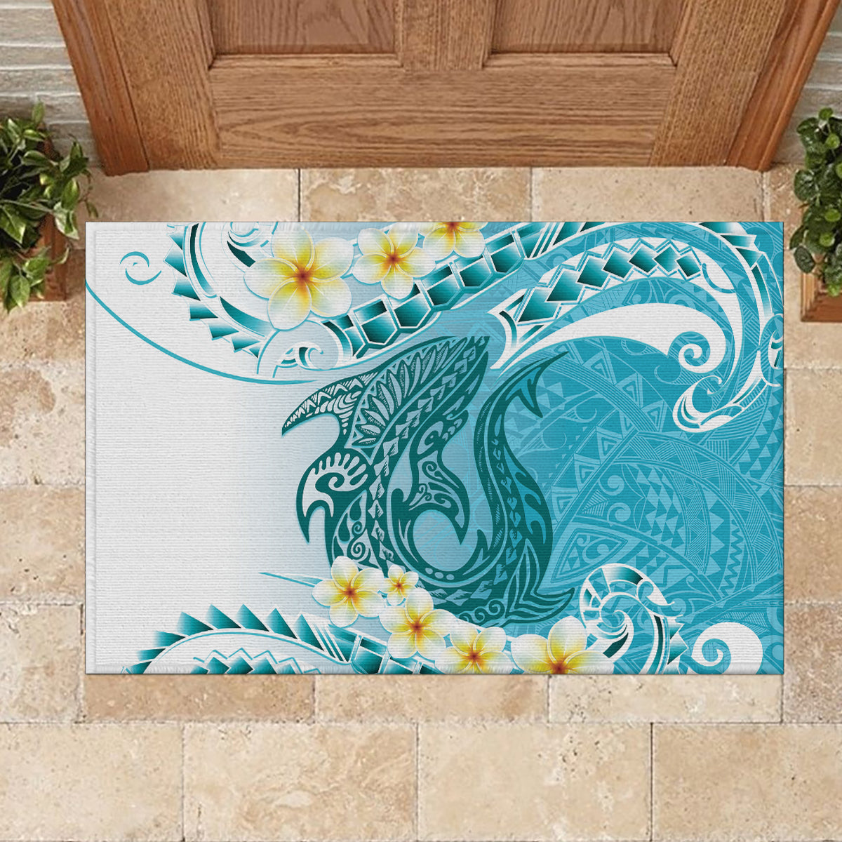 Turquoise Hawaii Shark Tattoo Rubber Doormat Frangipani With Polynesian Pastel Version LT14 - Polynesian Pride