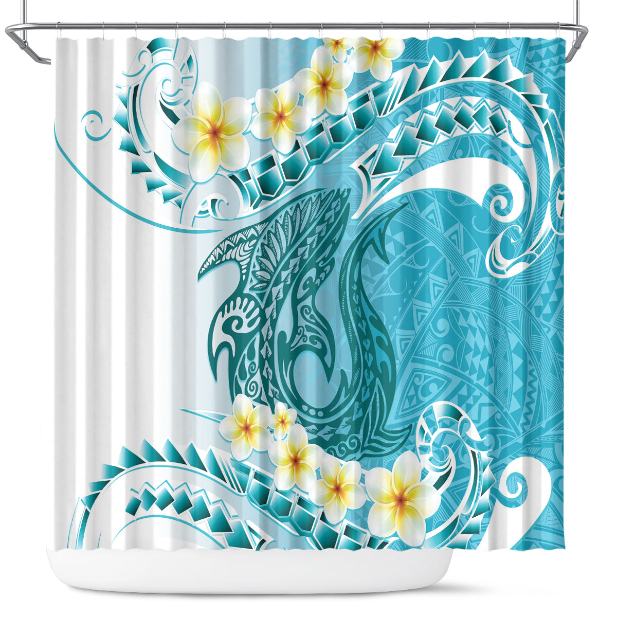 Turquoise Hawaii Shark Tattoo Shower Curtain Frangipani With Polynesian Pastel Version LT14 Turquoise - Polynesian Pride
