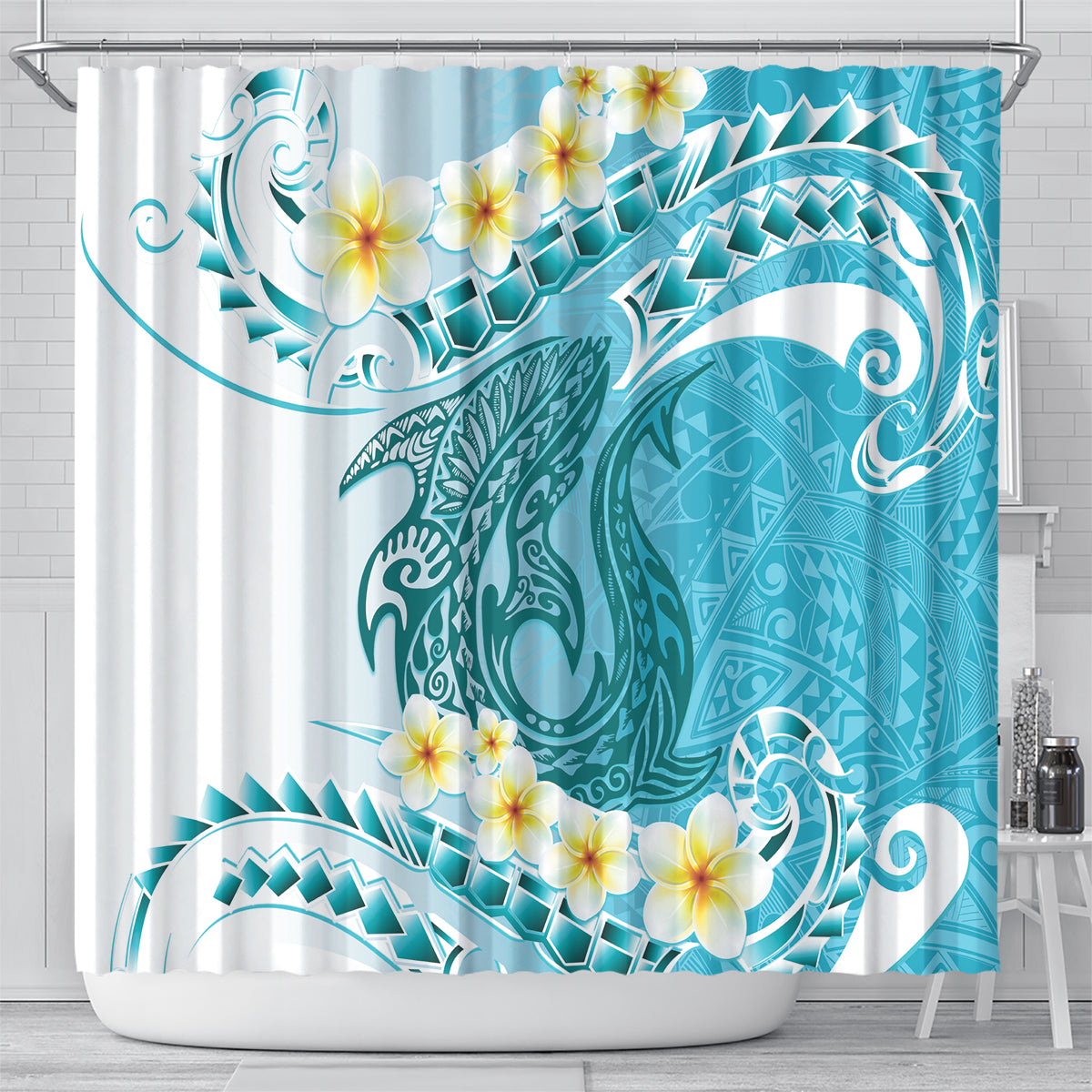 Turquoise Hawaii Shark Tattoo Shower Curtain Frangipani With Polynesian Pastel Version LT14 - Polynesian Pride
