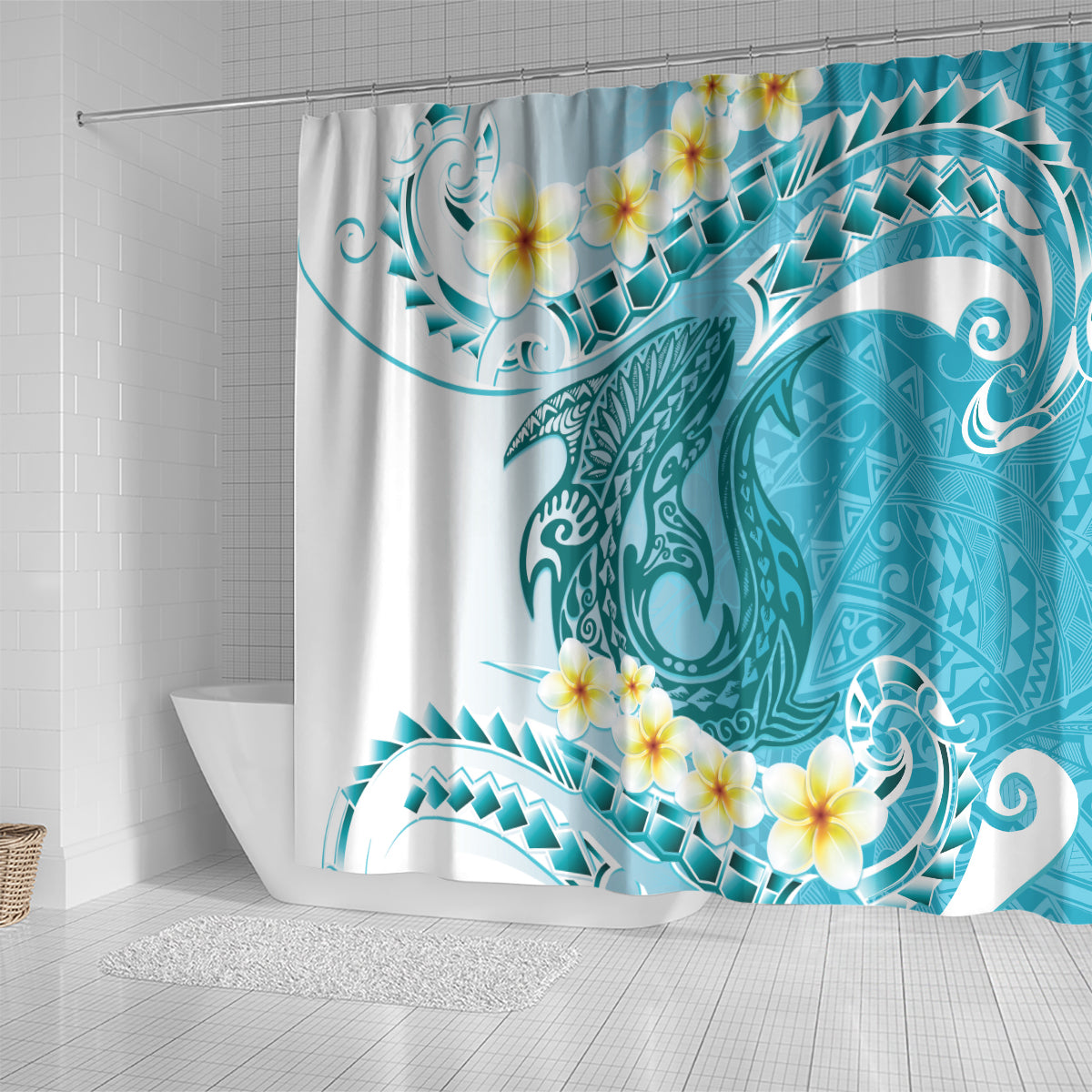 Turquoise Hawaii Shark Tattoo Shower Curtain Frangipani With Polynesian Pastel Version LT14 - Polynesian Pride