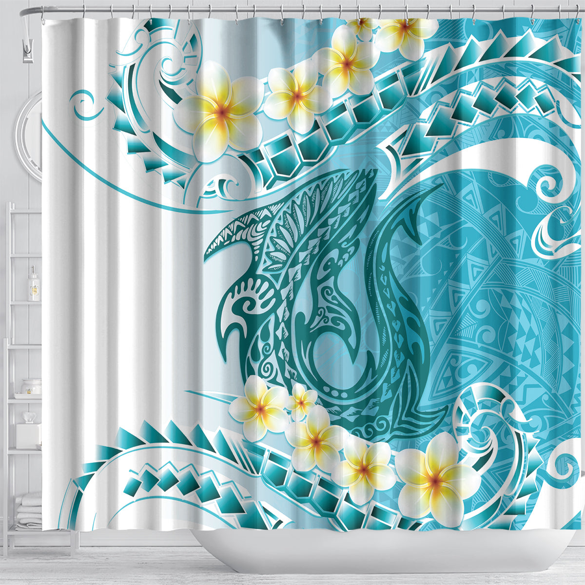 Turquoise Hawaii Shark Tattoo Shower Curtain Frangipani With Polynesian Pastel Version LT14 - Polynesian Pride