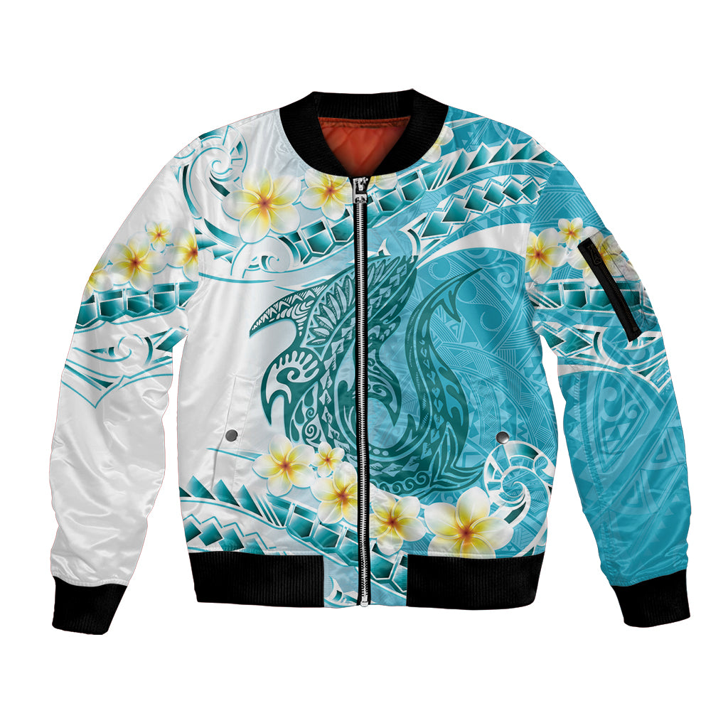 Turquoise Hawaii Shark Tattoo Sleeve Zip Bomber Jacket Frangipani With Polynesian Pastel Version LT14 Unisex Turquoise - Polynesian Pride