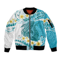 Turquoise Hawaii Shark Tattoo Sleeve Zip Bomber Jacket Frangipani With Polynesian Pastel Version LT14 Unisex Turquoise - Polynesian Pride