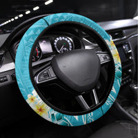 Turquoise Hawaii Shark Tattoo Steering Wheel Cover Frangipani With Polynesian Pastel Version LT14 Universal Fit Turquoise - Polynesian Pride