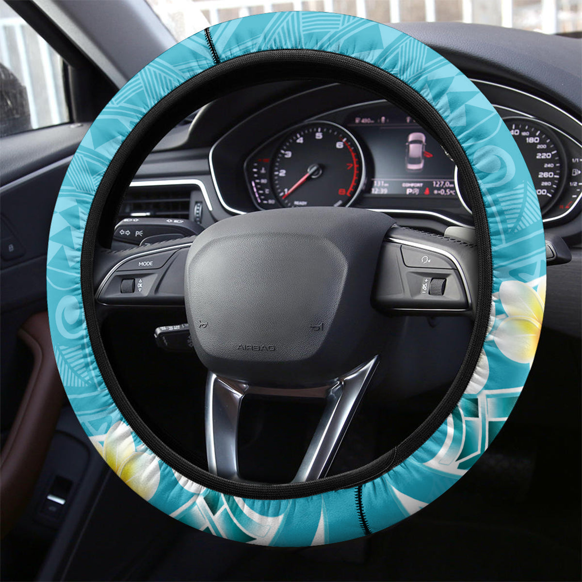 Turquoise Hawaii Shark Tattoo Steering Wheel Cover Frangipani With Polynesian Pastel Version LT14 - Polynesian Pride