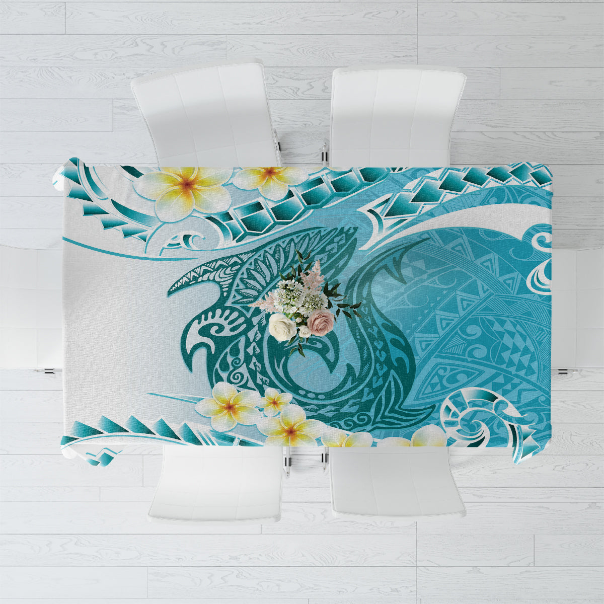 Turquoise Hawaii Shark Tattoo Tablecloth Frangipani With Polynesian Pastel Version LT14 Turquoise - Polynesian Pride