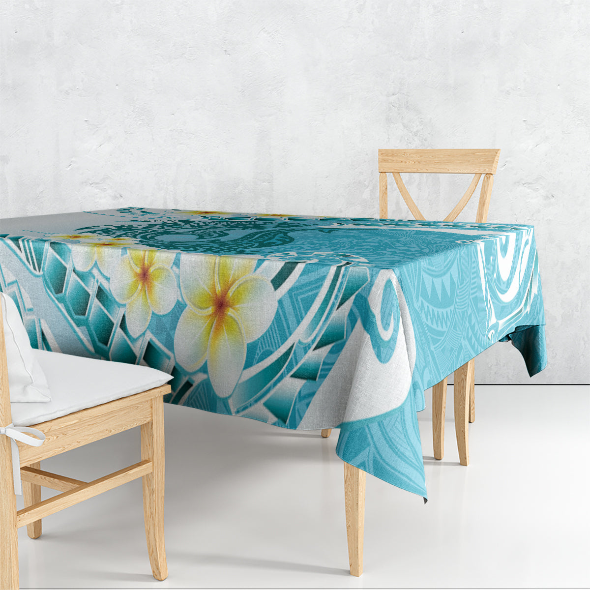 Turquoise Hawaii Shark Tattoo Tablecloth Frangipani With Polynesian Pastel Version LT14 - Polynesian Pride