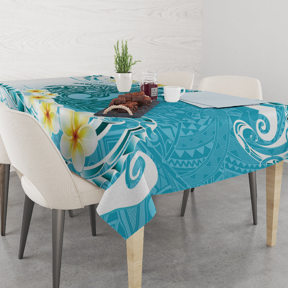 Turquoise Hawaii Shark Tattoo Tablecloth Frangipani With Polynesian Pastel Version LT14 - Polynesian Pride