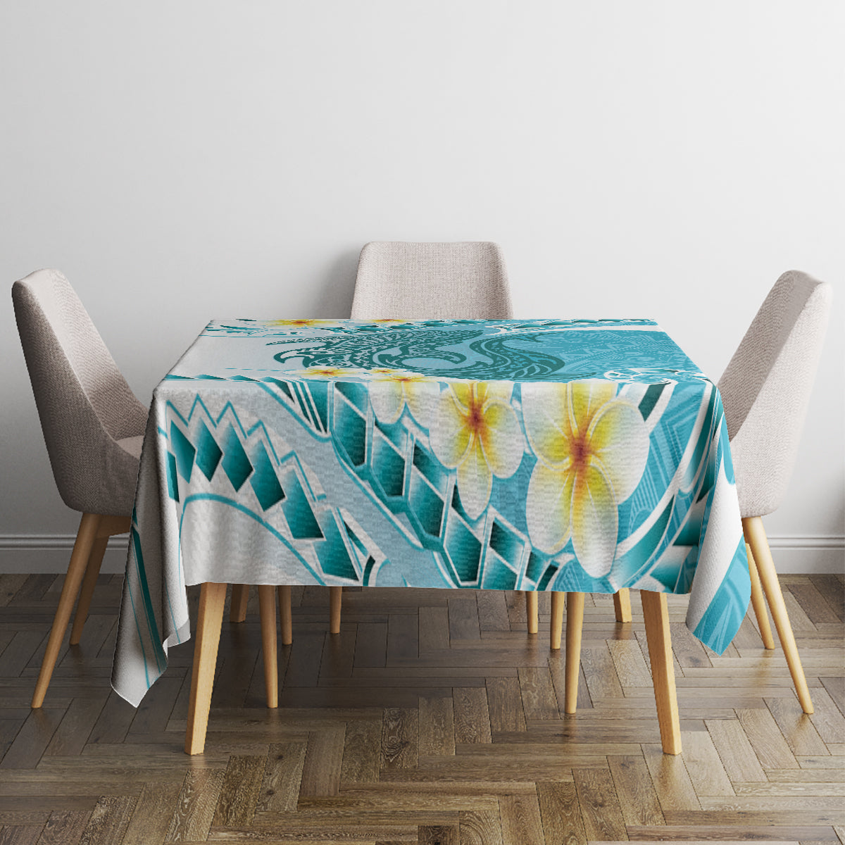 Turquoise Hawaii Shark Tattoo Tablecloth Frangipani With Polynesian Pastel Version LT14 - Polynesian Pride