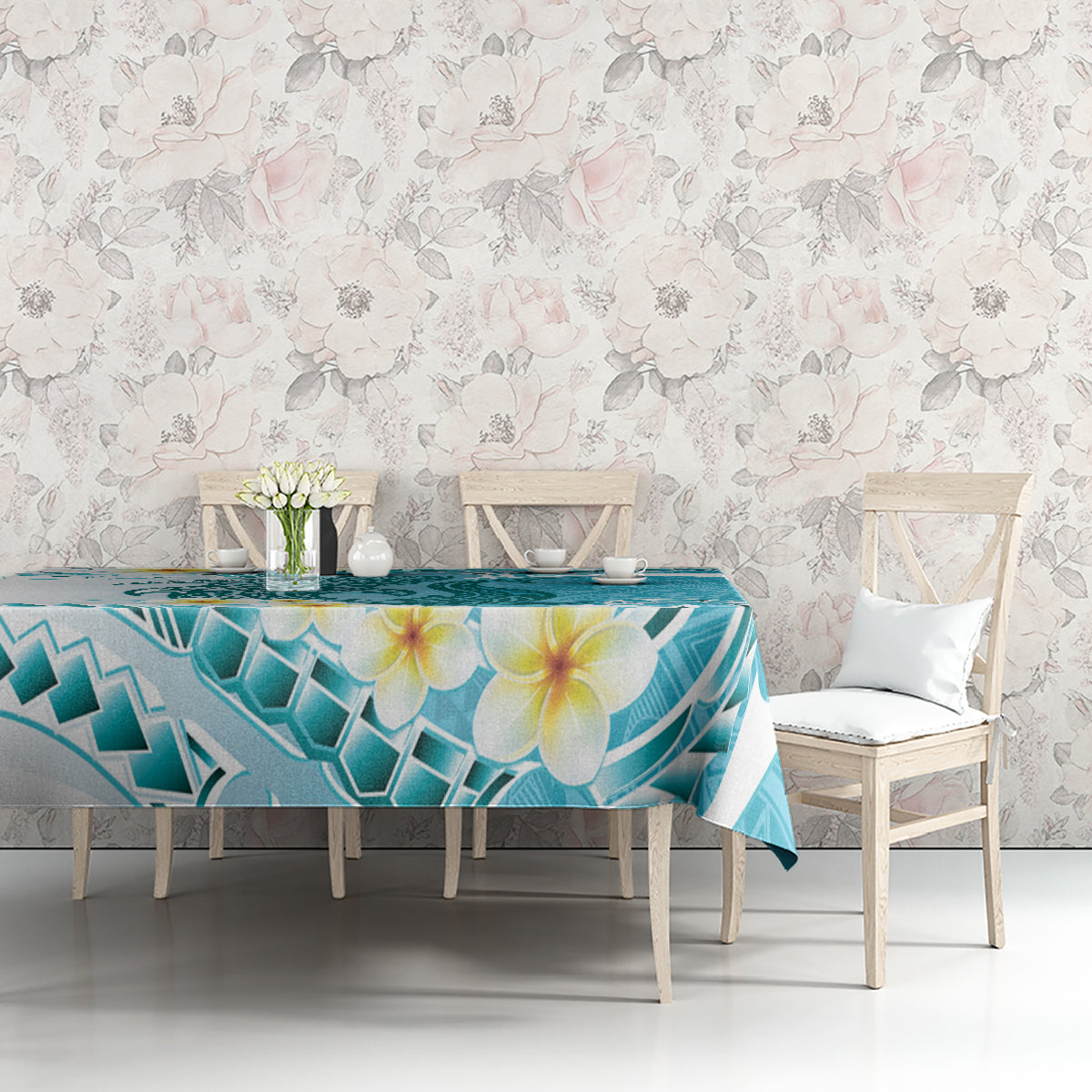 Turquoise Hawaii Shark Tattoo Tablecloth Frangipani With Polynesian Pastel Version LT14 - Polynesian Pride