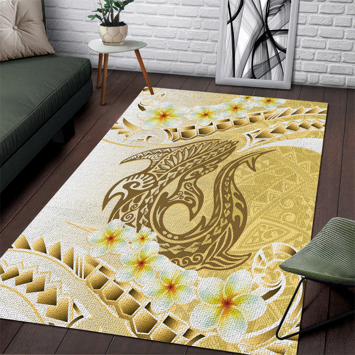 Gold Hawaii Shark Tattoo Area Rug Frangipani With Polynesian Pastel Version LT14 Gold - Polynesian Pride