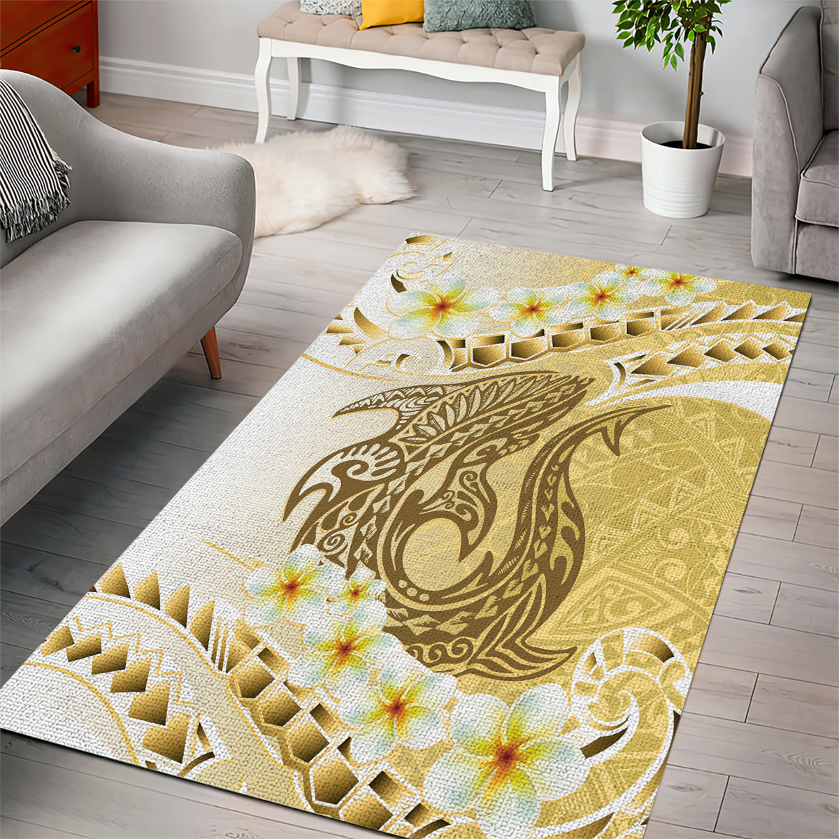 Gold Hawaii Shark Tattoo Area Rug Frangipani With Polynesian Pastel Version LT14 - Polynesian Pride