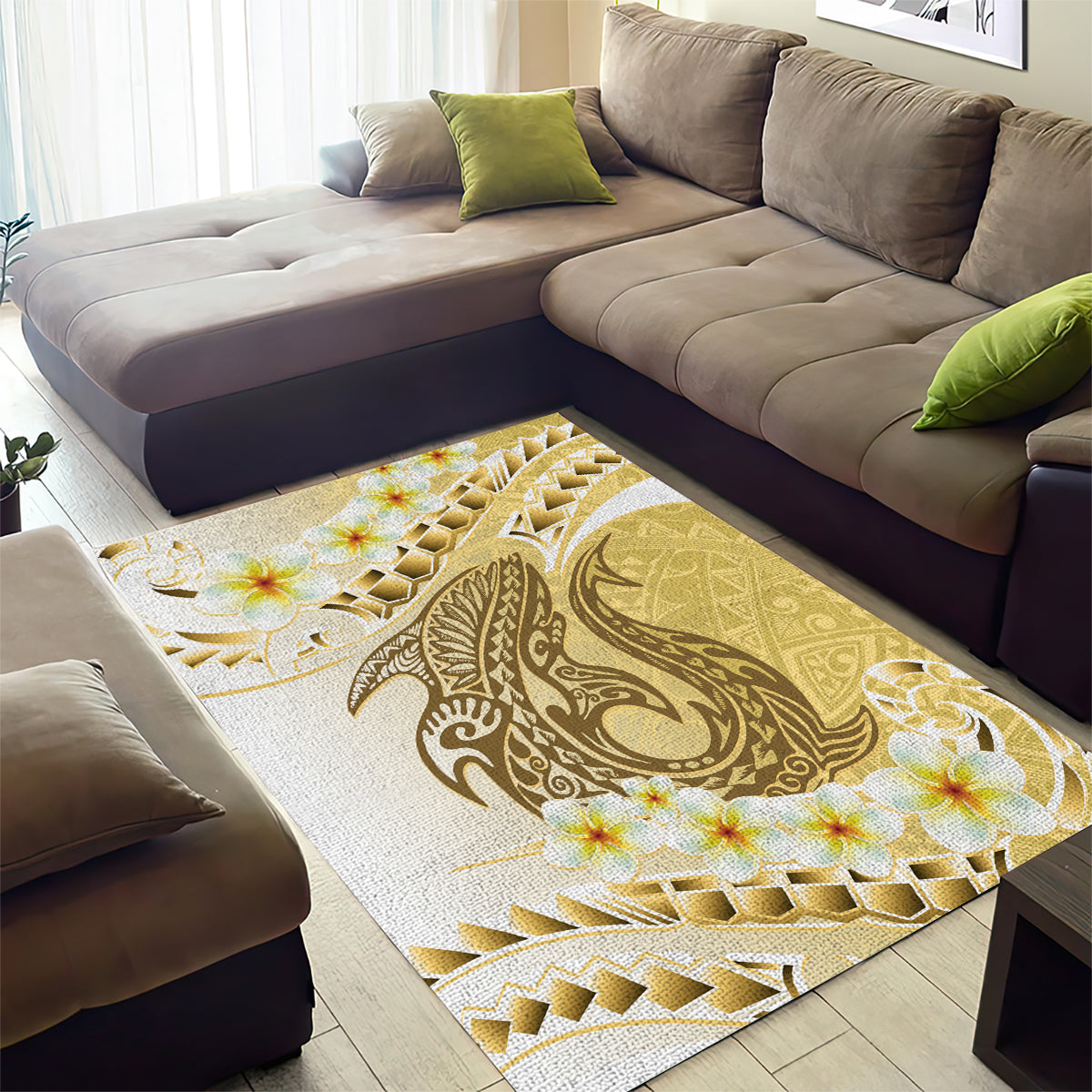 Gold Hawaii Shark Tattoo Area Rug Frangipani With Polynesian Pastel Version LT14 - Polynesian Pride