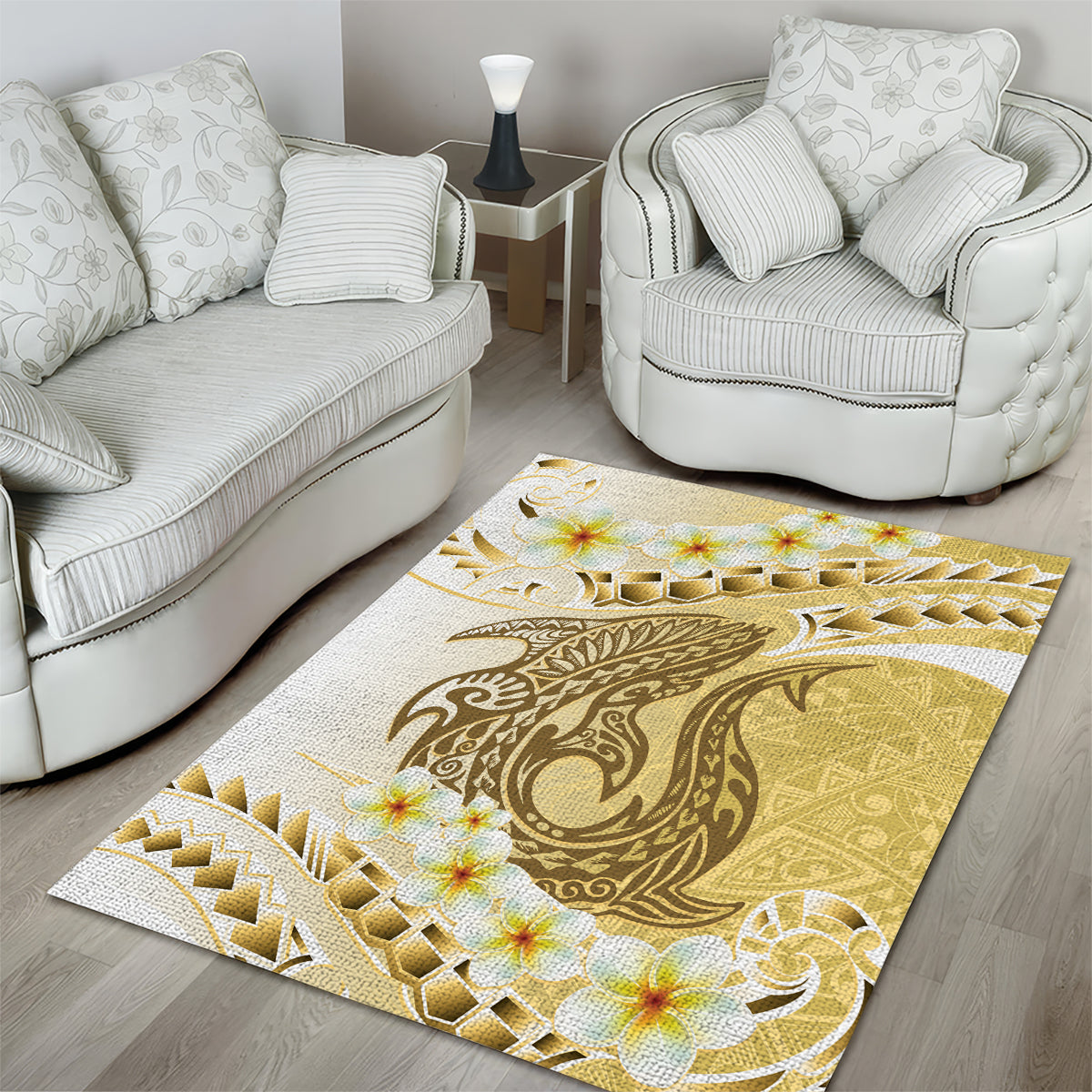 Gold Hawaii Shark Tattoo Area Rug Frangipani With Polynesian Pastel Version LT14 - Polynesian Pride