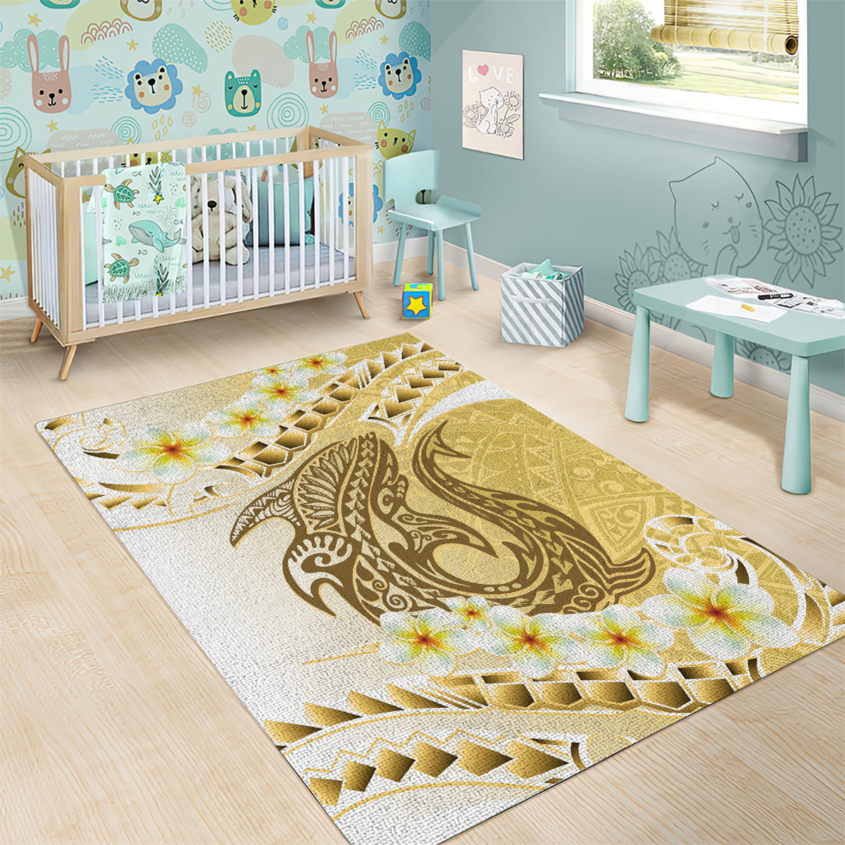 Gold Hawaii Shark Tattoo Area Rug Frangipani With Polynesian Pastel Version LT14 - Polynesian Pride