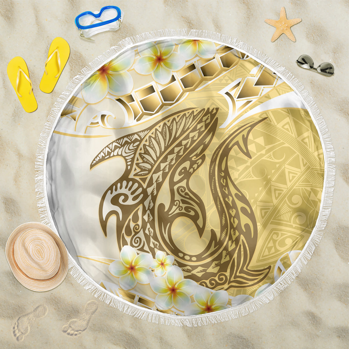 Gold Hawaii Shark Tattoo Beach Blanket Frangipani With Polynesian Pastel Version LT14 One Size 150cm Gold - Polynesian Pride