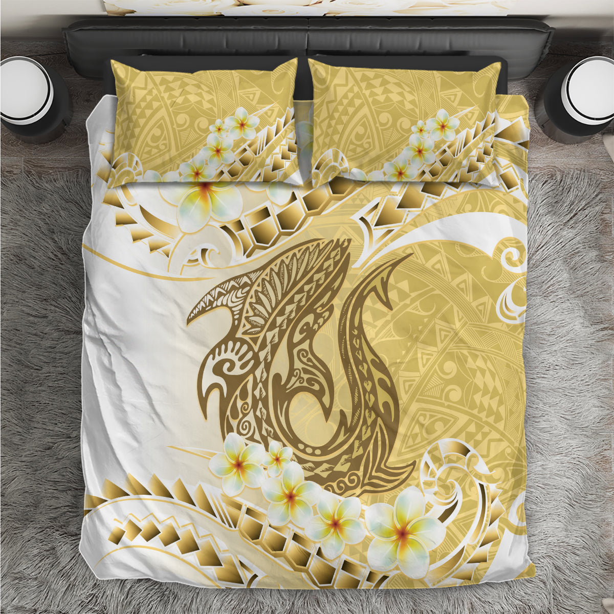 Gold Hawaii Shark Tattoo Bedding Set Frangipani With Polynesian Pastel Version LT14 Gold - Polynesian Pride