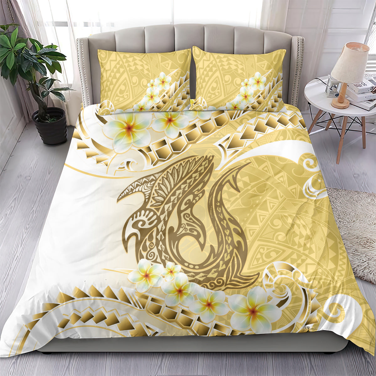 Gold Hawaii Shark Tattoo Bedding Set Frangipani With Polynesian Pastel Version LT14 - Polynesian Pride