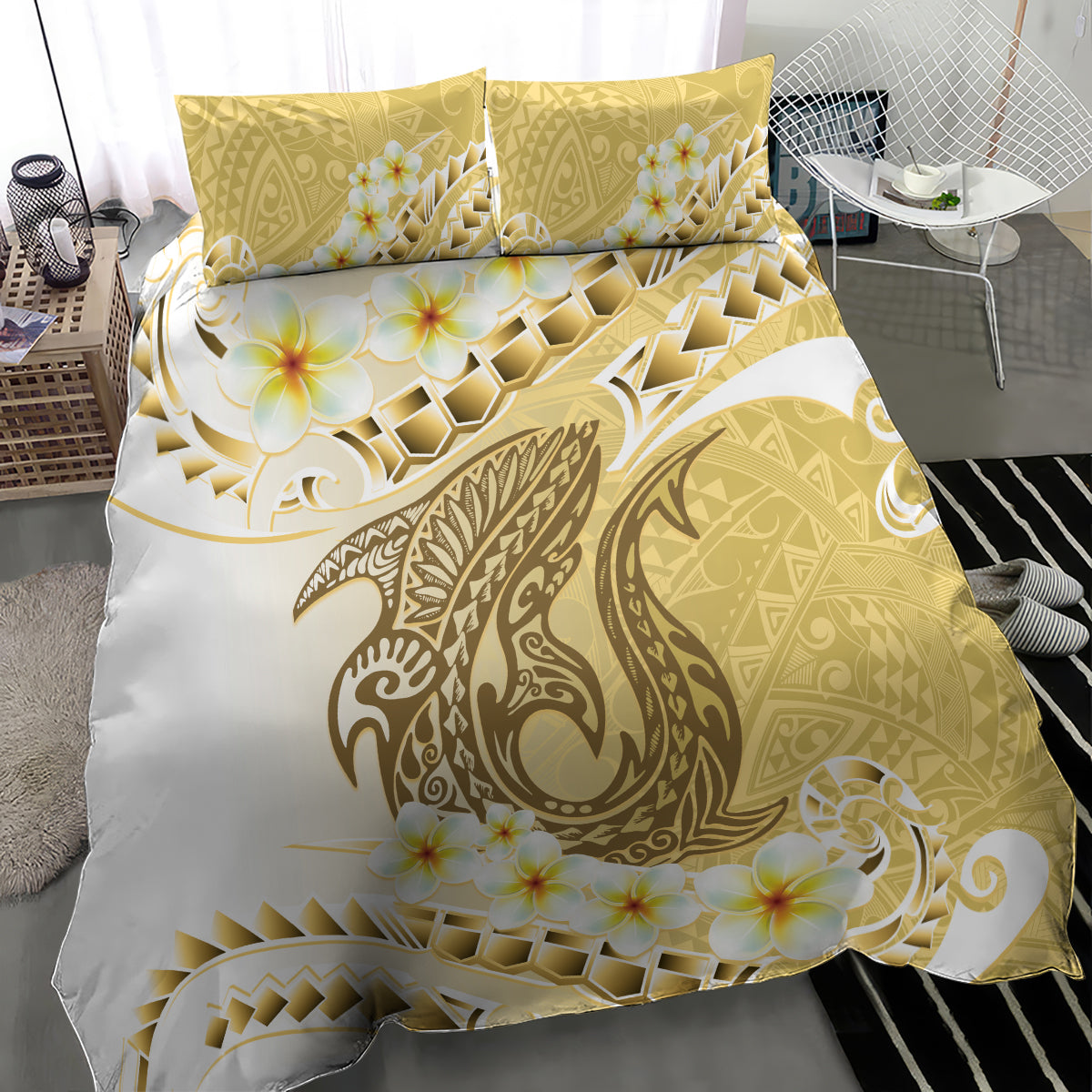 Gold Hawaii Shark Tattoo Bedding Set Frangipani With Polynesian Pastel Version LT14 - Polynesian Pride