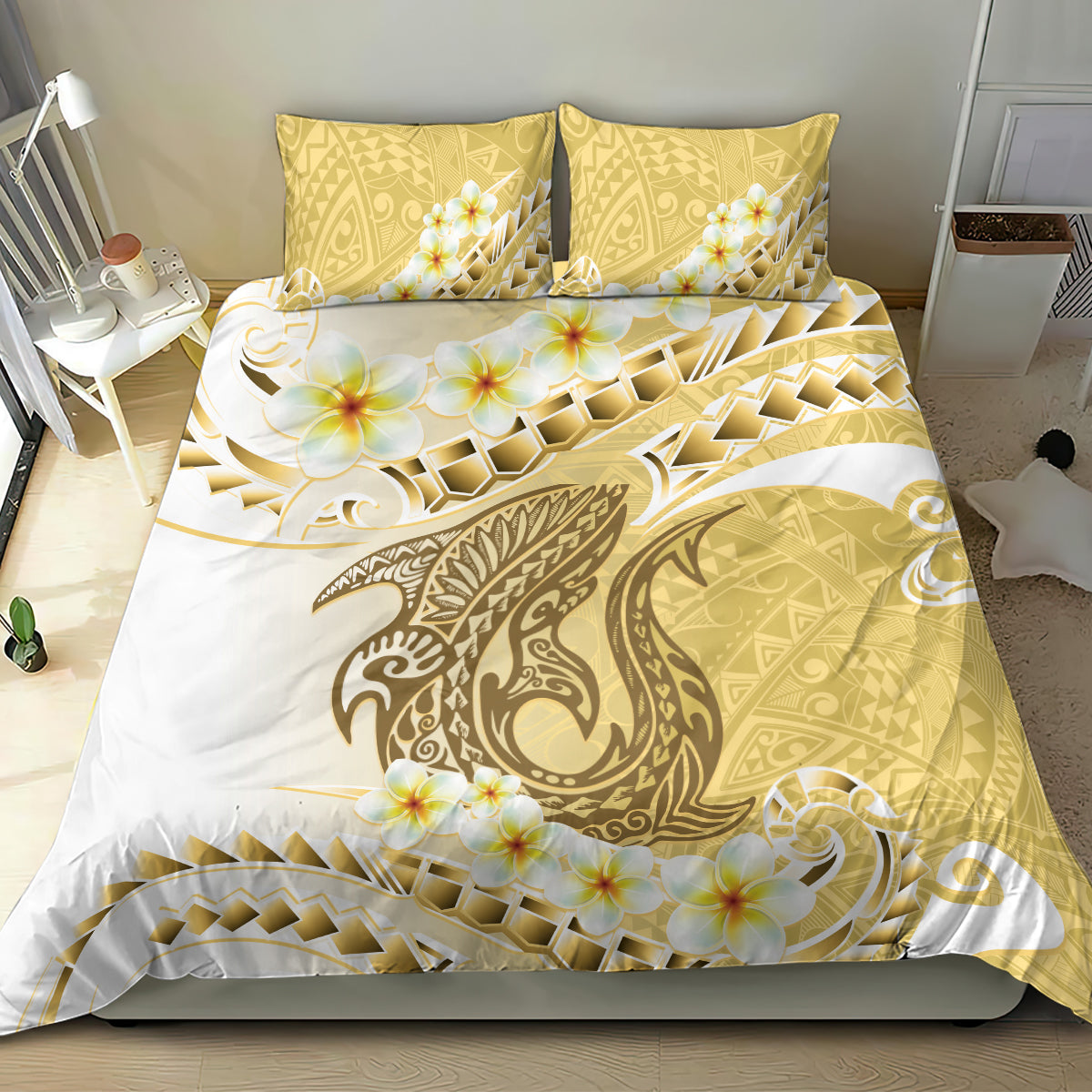 Gold Hawaii Shark Tattoo Bedding Set Frangipani With Polynesian Pastel Version LT14 - Polynesian Pride