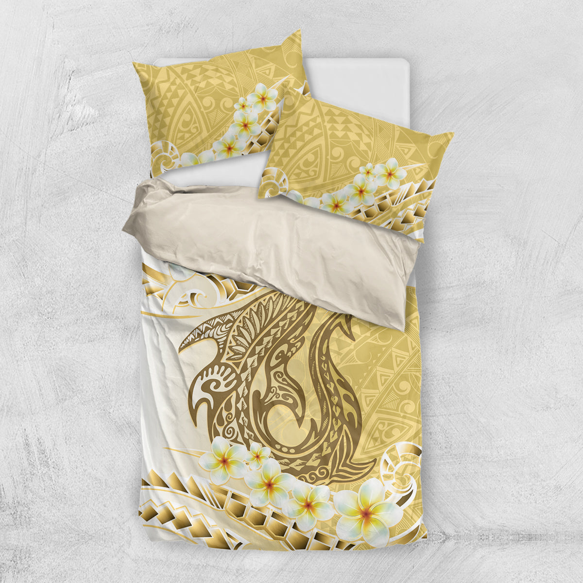 Gold Hawaii Shark Tattoo Bedding Set Frangipani With Polynesian Pastel Version LT14 US Twin 172cm x 218cm Gold - Polynesian Pride