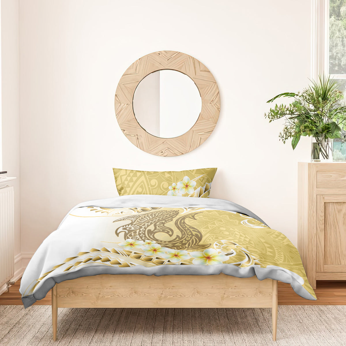 Gold Hawaii Shark Tattoo Bedding Set Frangipani With Polynesian Pastel Version LT14 - Polynesian Pride