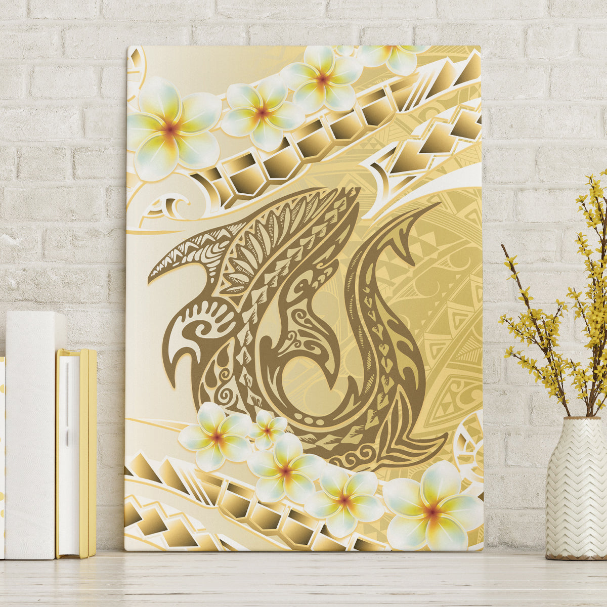 Gold Hawaii Shark Tattoo Canvas Wall Art Frangipani With Polynesian Pastel Version LT14 Without Frame Gold - Polynesian Pride