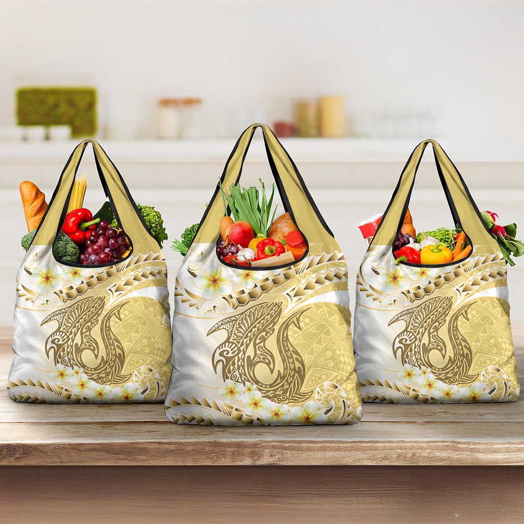 Gold Hawaii Shark Tattoo Grocery Bag Frangipani With Polynesian Pastel Version LT14 3-pack One Size Gold - Polynesian Pride