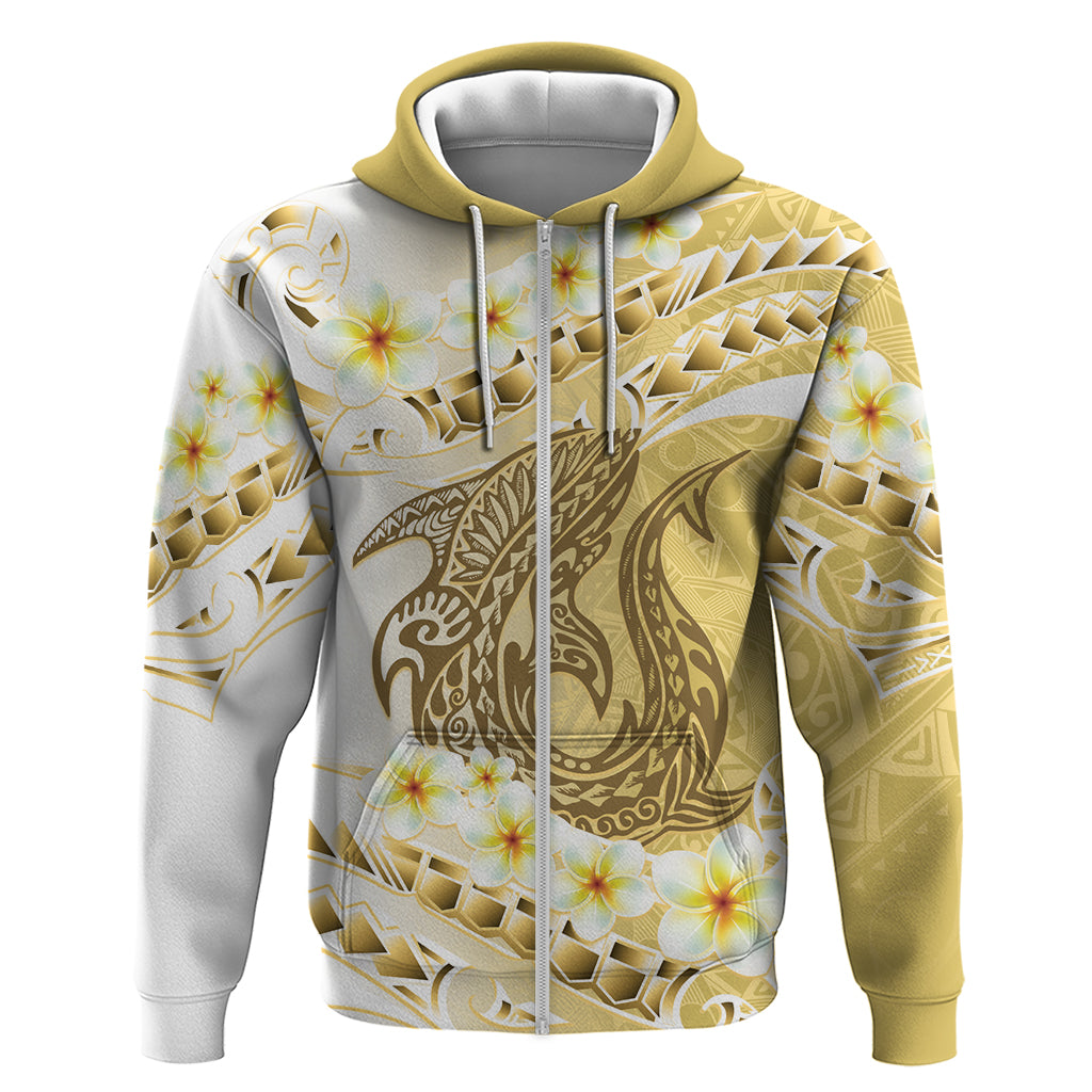 Gold Hawaii Shark Tattoo Hoodie Frangipani With Polynesian Pastel Version LT14 Zip Hoodie Gold - Polynesian Pride