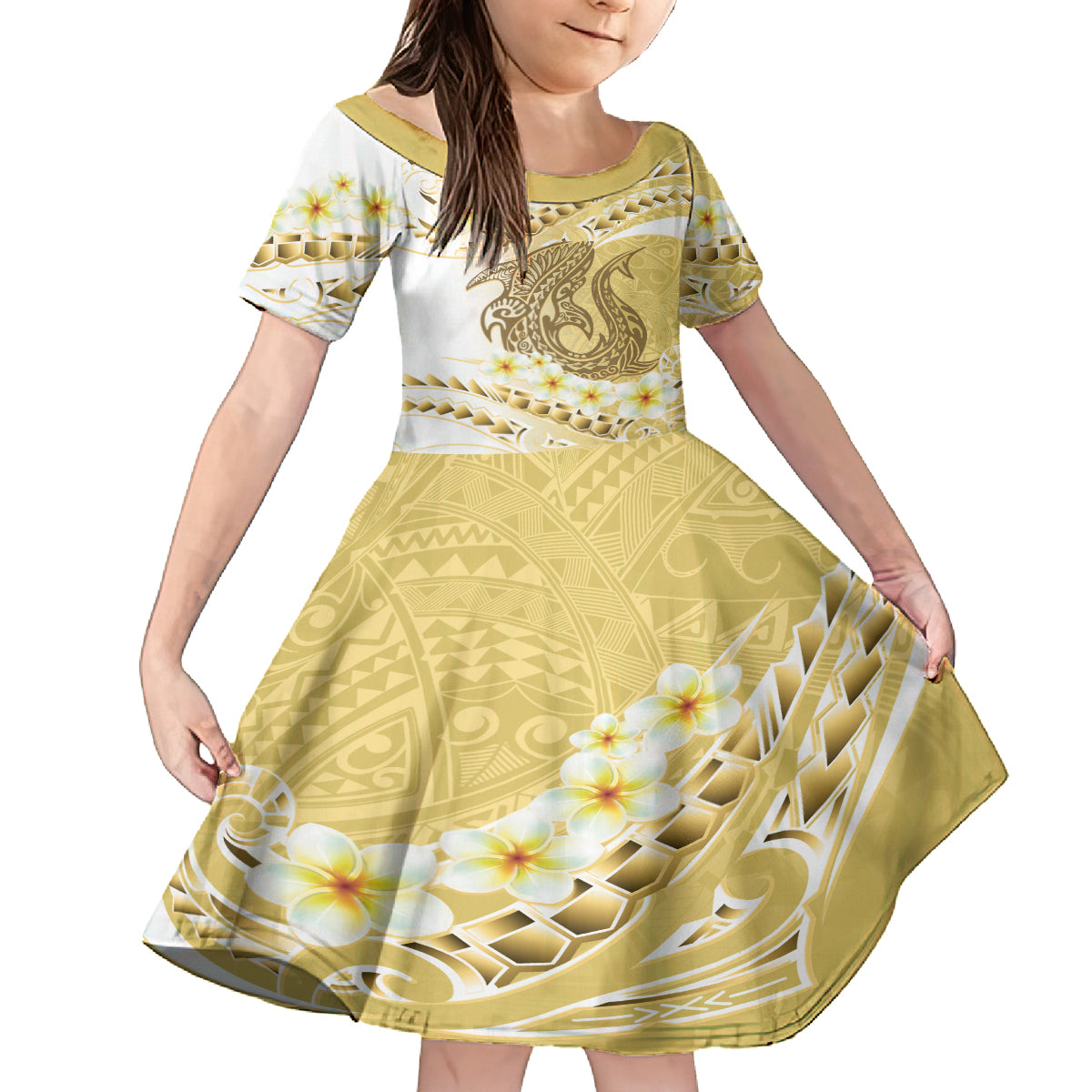 Gold Hawaii Shark Tattoo Kid Short Sleeve Dress Frangipani With Polynesian Pastel Version LT14 KID Gold - Polynesian Pride