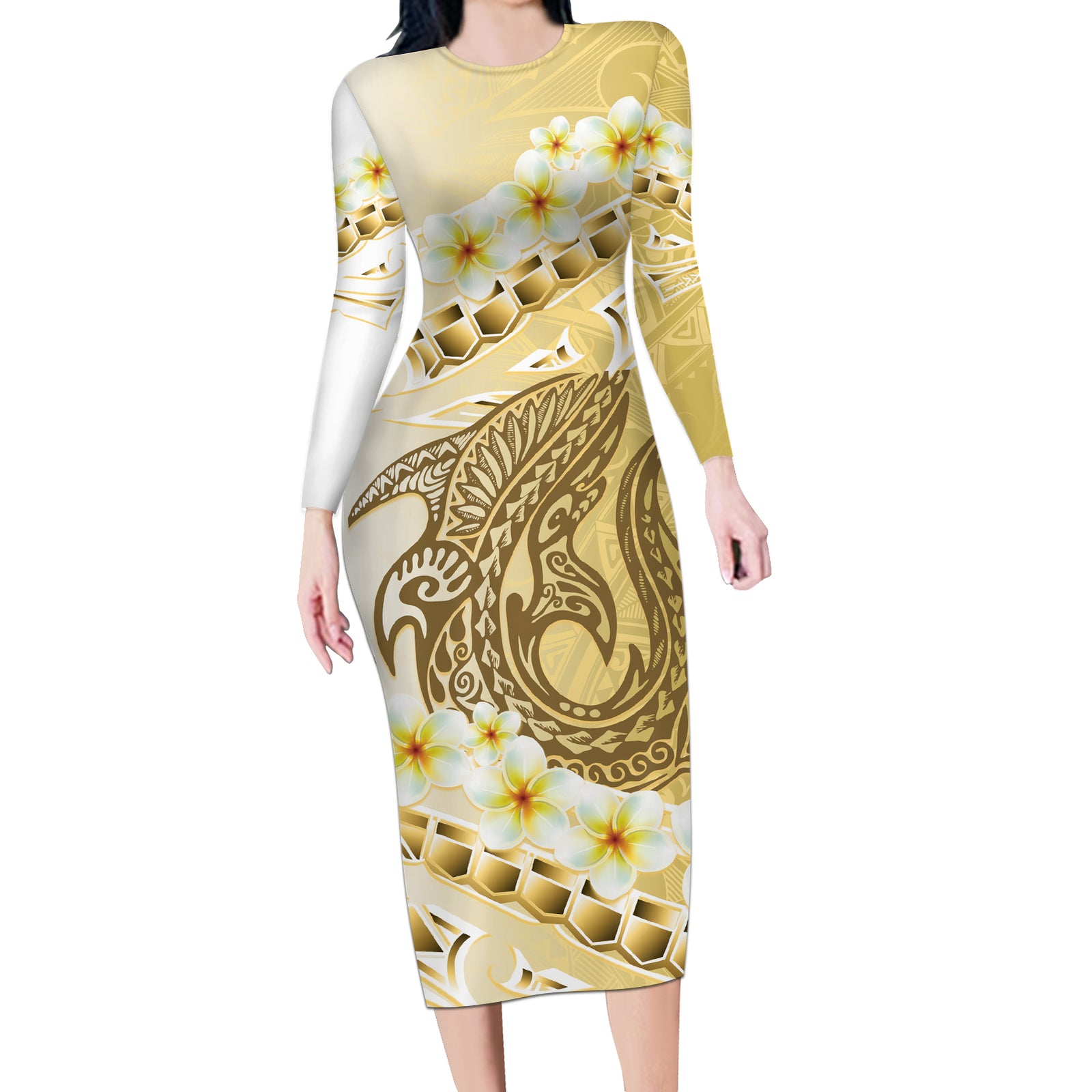 Gold Hawaii Shark Tattoo Long Sleeve Bodycon Dress Frangipani With Polynesian Pastel Version LT14 Long Dress Gold - Polynesian Pride