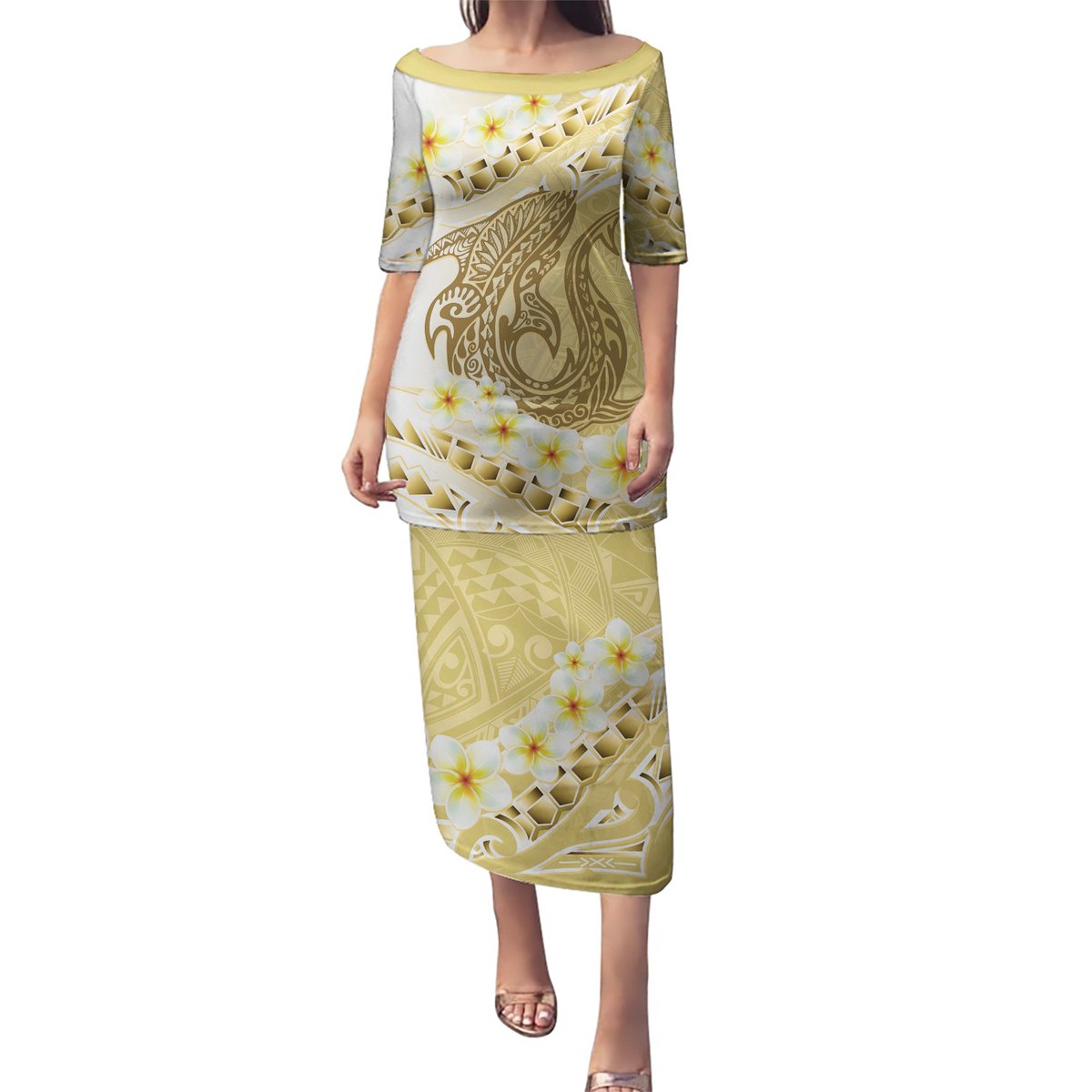 Gold Hawaii Shark Tattoo Puletasi Frangipani With Polynesian Pastel Version LT14 Long Dress Gold - Polynesian Pride