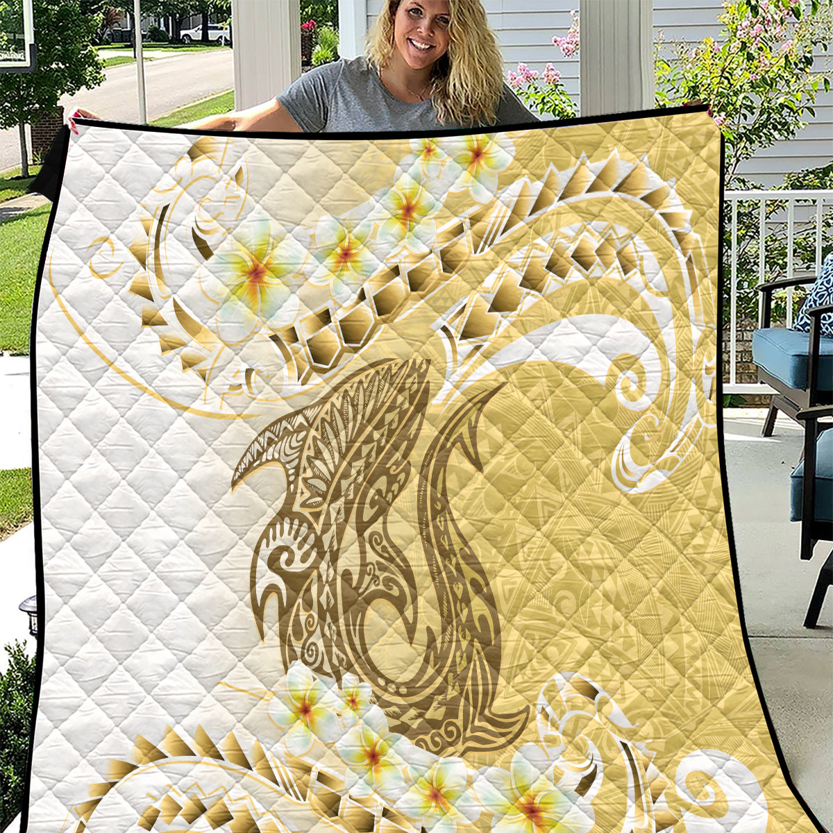 Gold Hawaii Shark Tattoo Quilt Frangipani With Polynesian Pastel Version