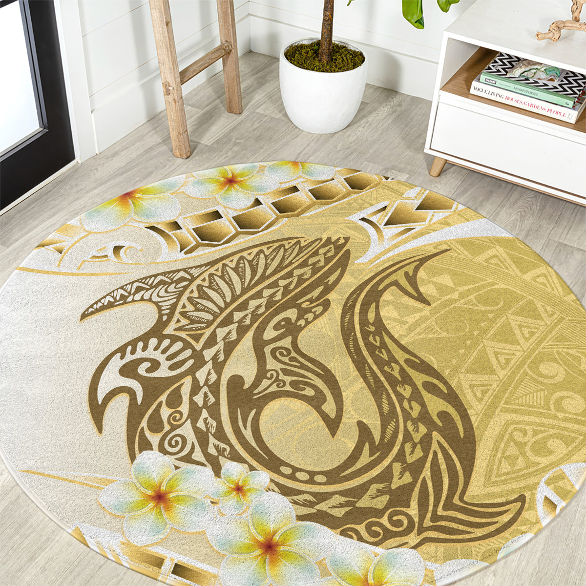 Gold Hawaii Shark Tattoo Round Carpet Frangipani With Polynesian Pastel Version LT14 Gold - Polynesian Pride