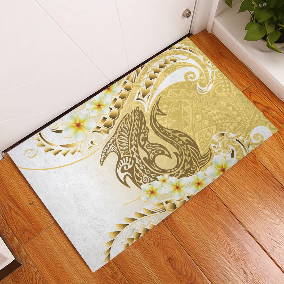 Gold Hawaii Shark Tattoo Rubber Doormat Frangipani With Polynesian Pastel Version LT14 Gold - Polynesian Pride