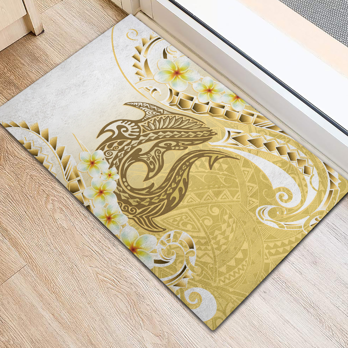 Gold Hawaii Shark Tattoo Rubber Doormat Frangipani With Polynesian Pastel Version LT14 - Polynesian Pride