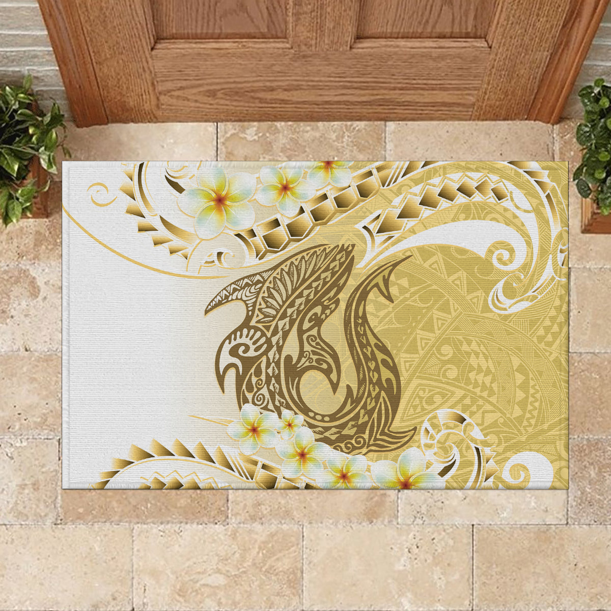 Gold Hawaii Shark Tattoo Rubber Doormat Frangipani With Polynesian Pastel Version LT14 - Polynesian Pride