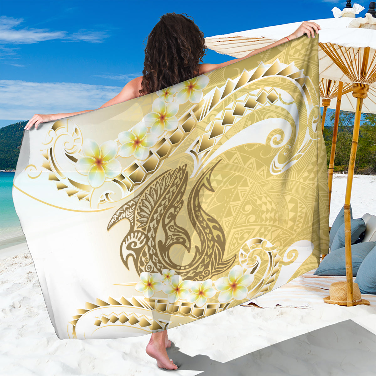 Gold Hawaii Shark Tattoo Sarong Frangipani With Polynesian Pastel Version LT14 One Size 44 x 66 inches Gold - Polynesian Pride