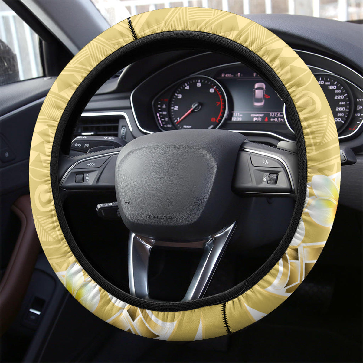 Gold Hawaii Shark Tattoo Steering Wheel Cover Frangipani With Polynesian Pastel Version LT14 - Polynesian Pride