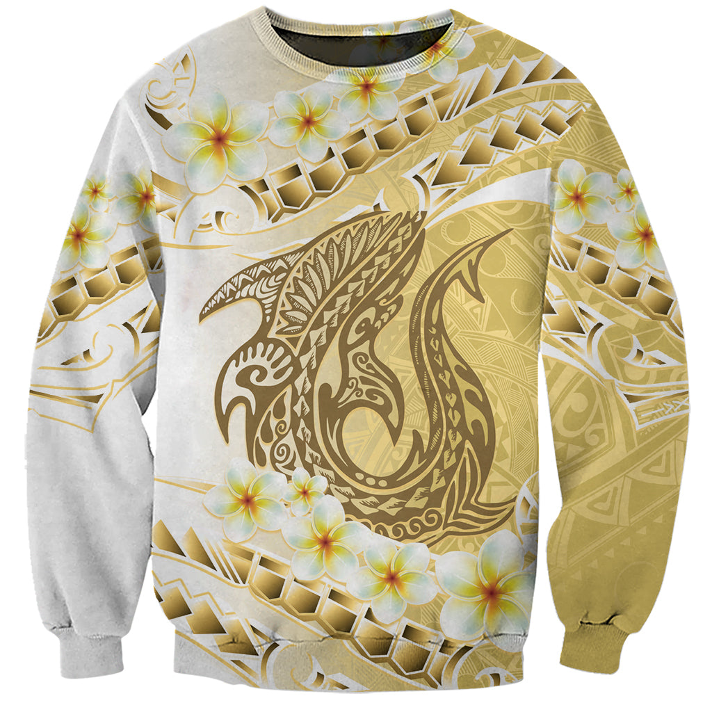 Gold Hawaii Shark Tattoo Sweatshirt Frangipani With Polynesian Pastel Version LT14 Unisex Gold - Polynesian Pride