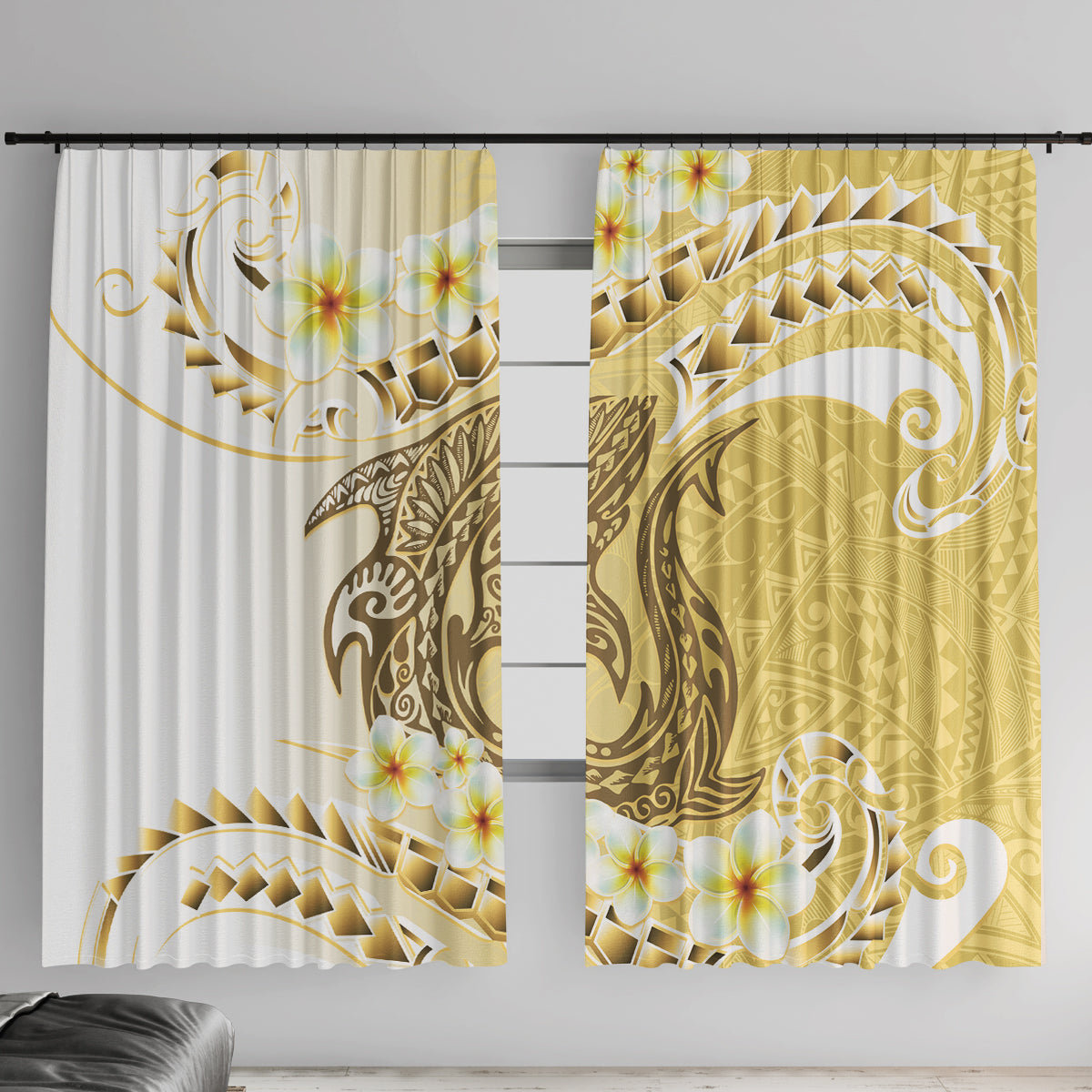 Gold Hawaii Shark Tattoo Window Curtain Frangipani With Polynesian Pastel Version LT14 With Hooks Gold - Polynesian Pride