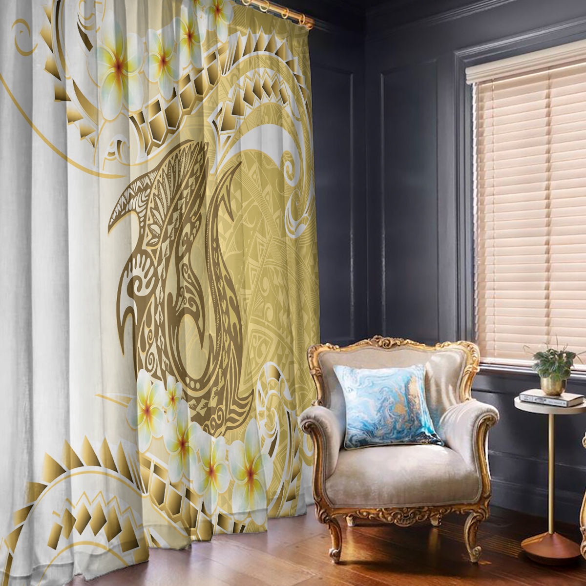 Gold Hawaii Shark Tattoo Window Curtain Frangipani With Polynesian Pastel Version LT14 - Polynesian Pride