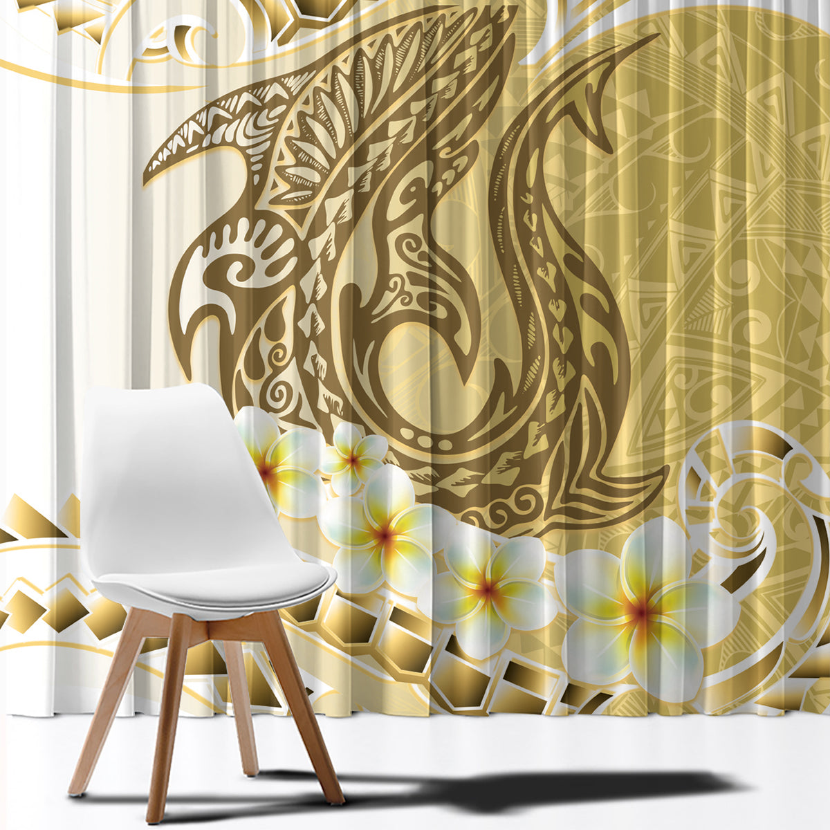 Gold Hawaii Shark Tattoo Window Curtain Frangipani With Polynesian Pastel Version LT14 - Polynesian Pride