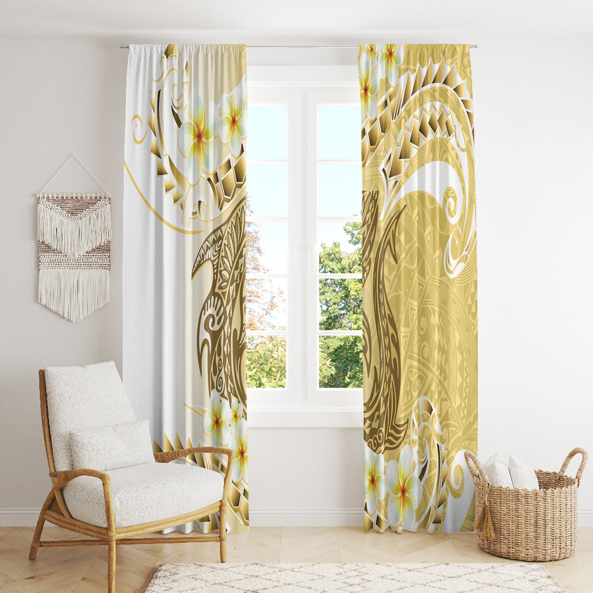 Gold Hawaii Shark Tattoo Window Curtain Frangipani With Polynesian Pastel Version LT14 - Polynesian Pride