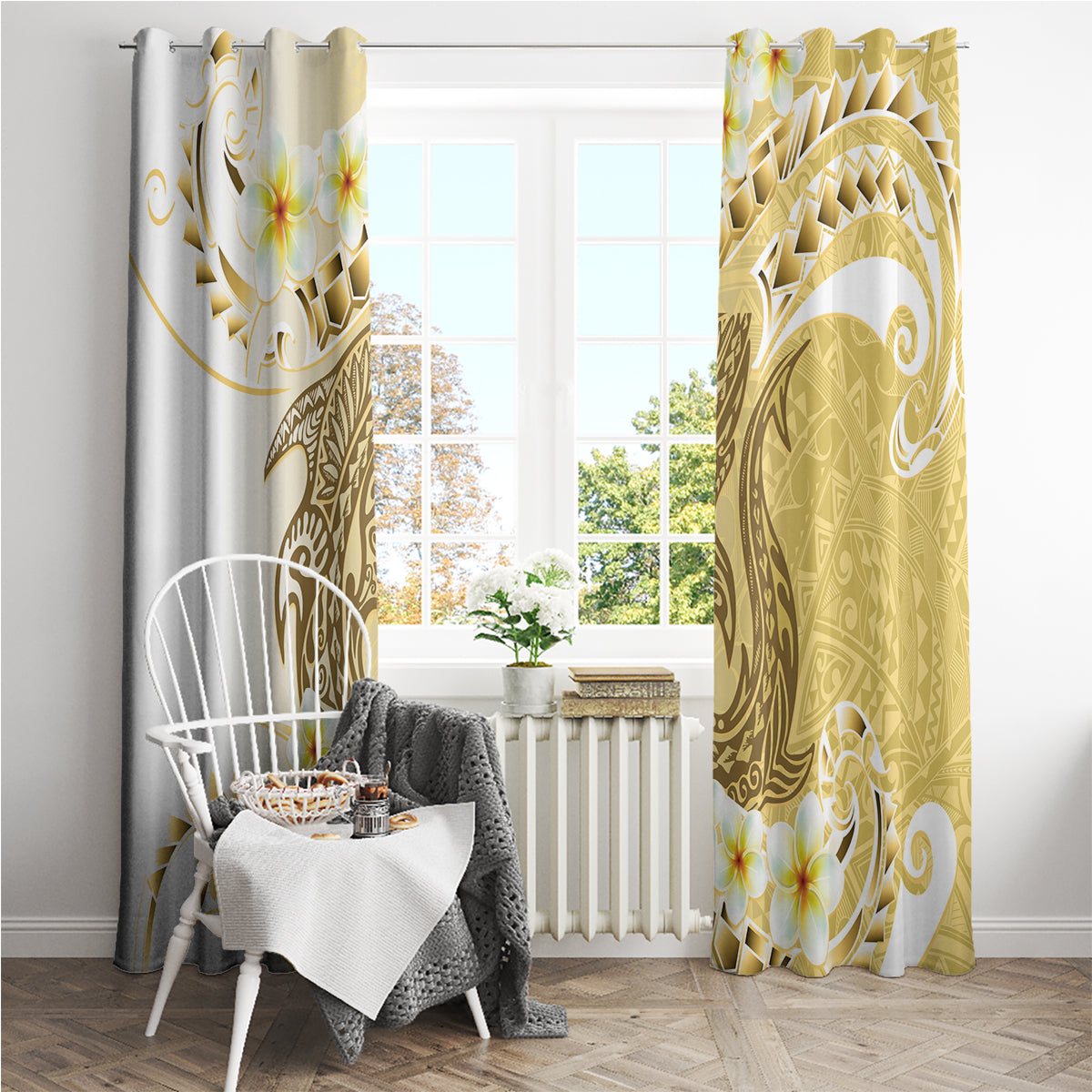 Gold Hawaii Shark Tattoo Window Curtain Frangipani With Polynesian Pastel Version LT14 - Polynesian Pride